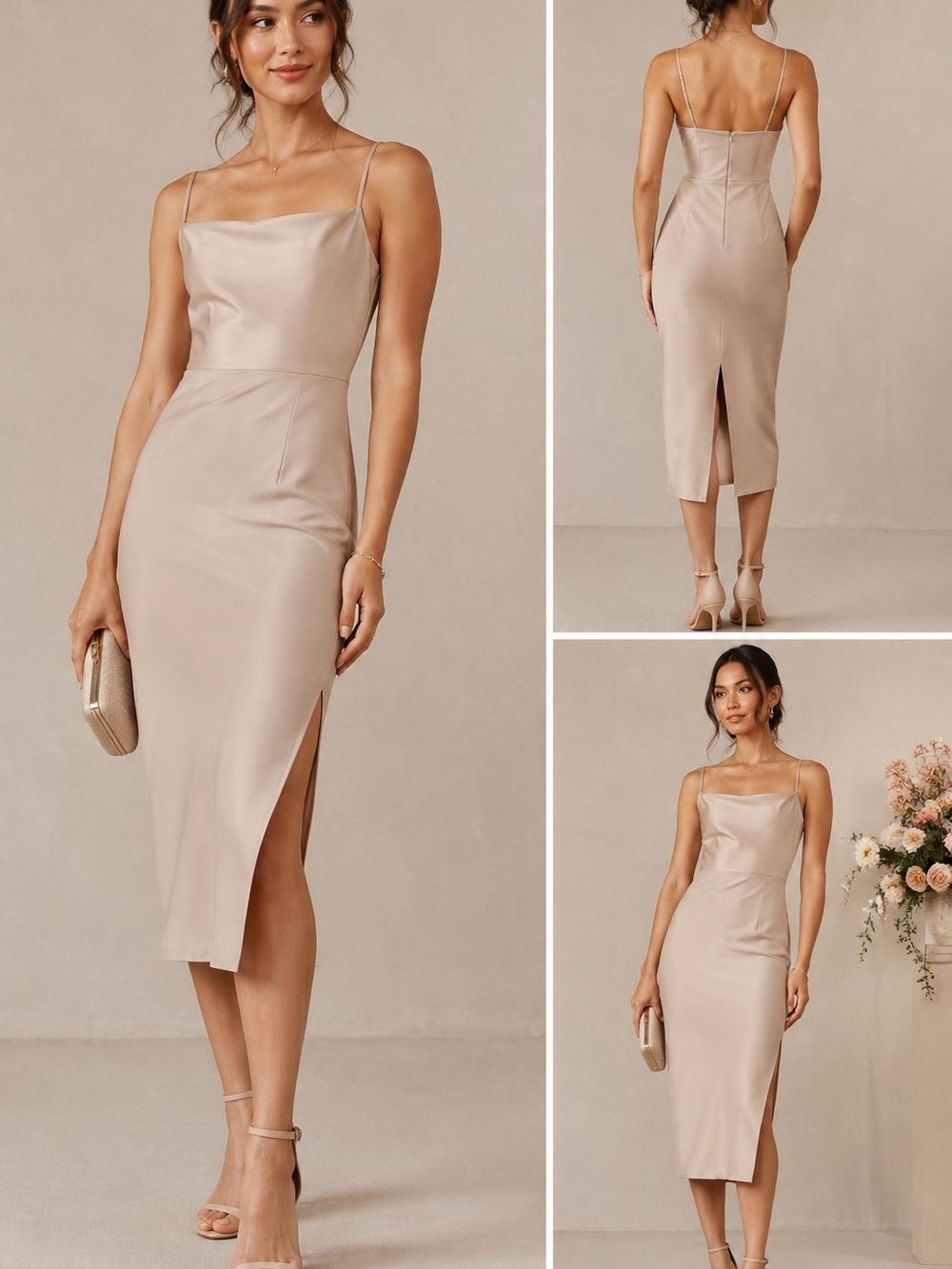 BHLDN Women's Nude Beige Midi Slip Dress Side Slit Spaghetti Strap Size US 2